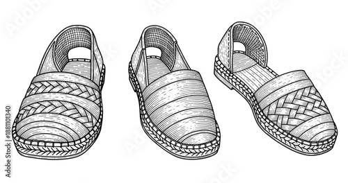 Hand-drawn sketch of three traditional espadrilles with detailed woven patterns