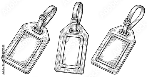 Vintage leather luggage tags with straps in black and white sketch style