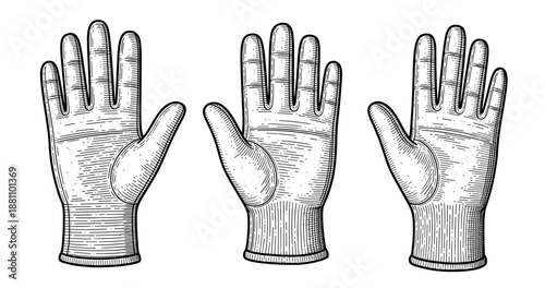 Set of three detailed black and white engraved gloves illustrations on white background
