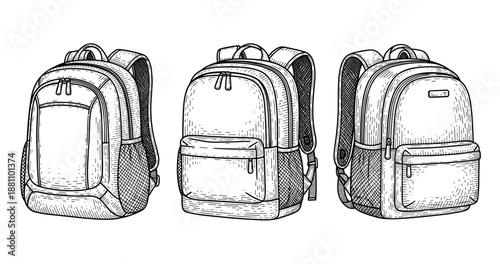 Three hand-drawn school backpacks illustration in monochrome style