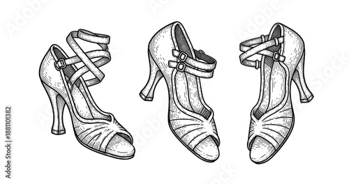 Vintage high heel shoe sketches: trio of classic strappy heels in detailed line art