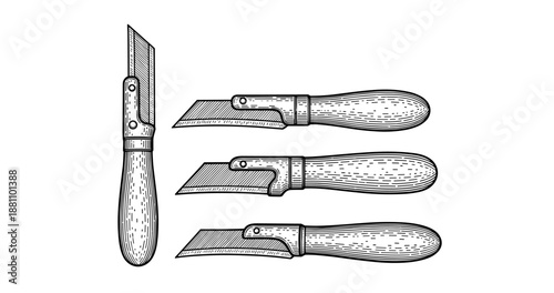Vintage engraving of whittling knives with wooden handles and foldable blades