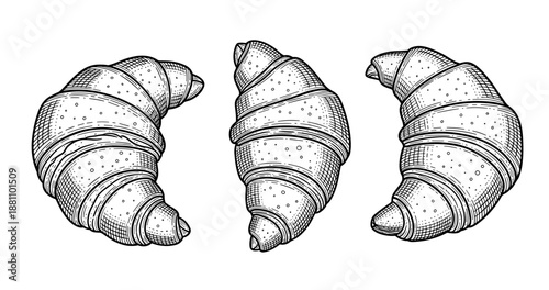 Three hand-drawn croissants: vintage bakery art in black and white illustration