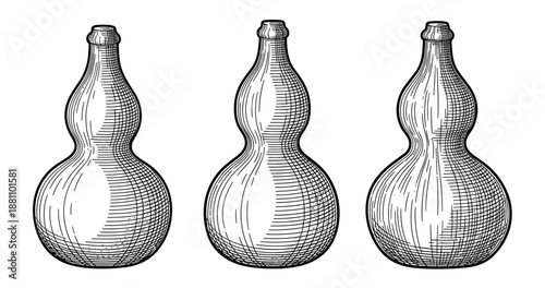 Engraved vintage bottles: set of three curved glass containers