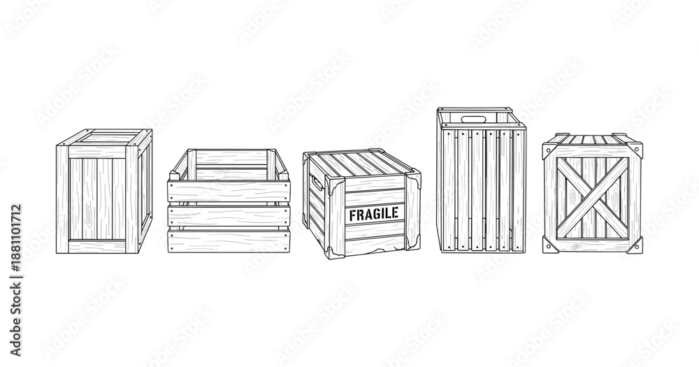 Obraz premium Assorted wooden crates and boxes in detailed line art illustration
