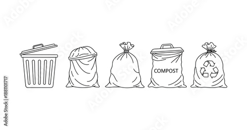 Line art of different garbage bins and bags for recycling and composting