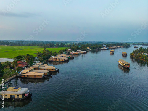 Aerial drone shot of Kerala backwaters and houseboat