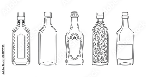 Set of decorative glass bottles with intricate patterns and designs