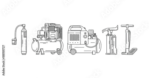 Collection of various air compressors and pumps in line art style