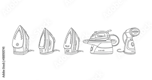 Collection of various household ironing appliances in line art style