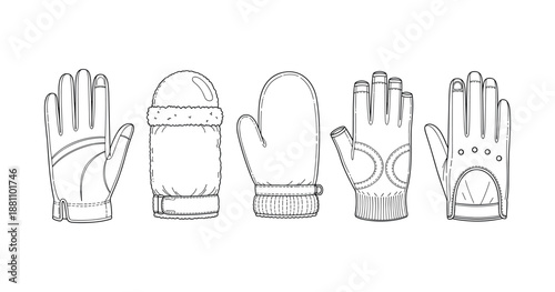 Variety of winter gloves and mittens in detailed line art illustration