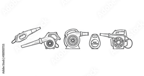 Set of various handheld leaf blowers in line art style
