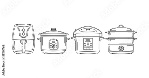 Line art of kitchen appliances: air fryer, slow cooker, pressure cooker, steamer