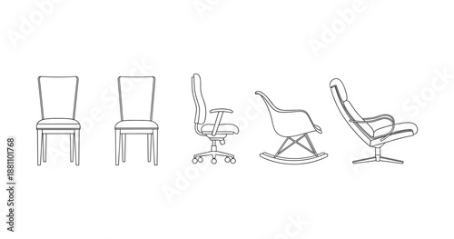 Outline illustrations of various chair designs: dining, office, rocking, and recliner models