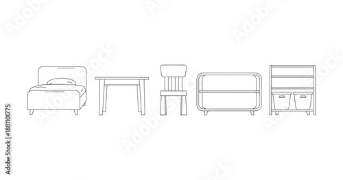 Minimalist line art furniture set with bed, table, chair, sideboard, shelving unit
