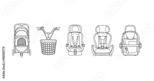 Baby gear line art: stroller, bike, car seat, booster, backpack