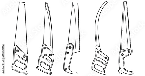 Collection of various saws with different blade types and handles