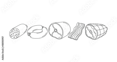 Illustration of various meats: salami, sausages, ham, bacon, and roast beef