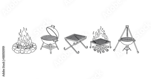 Illustration of various outdoor grills and campfires