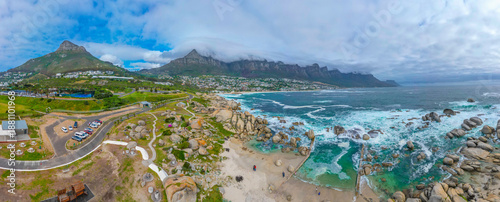 Aerial drone shot of Cape town South Africa showing Atlantic ocean and camps bay area