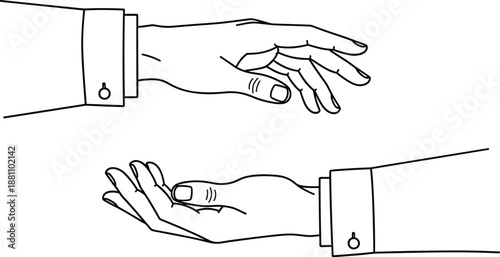 Line art illustration of two elegant hands reaching out to each other representing giving receiving support partnership collaboration and human connection