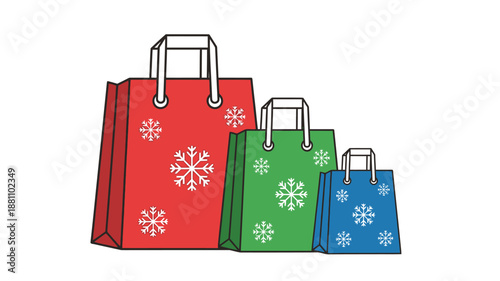 Colorful shopping bags with snowflake patterns arranged in descending size order festive illustration