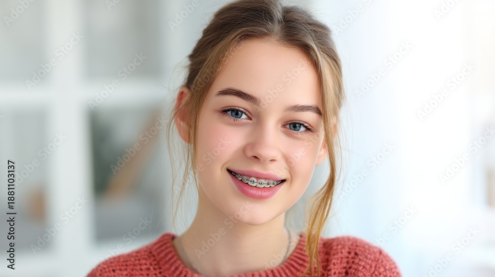 Fototapeta premium Smiling young caucasian female with braces in cozy sweater indoors