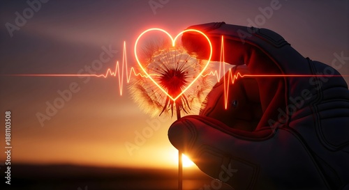 Hand in glove holding dandelion with glowing heart outline and heartbeat line during sunset representing life and fragile nature conceptual imagery of healthcare and ecological protection themes