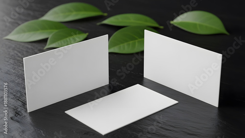 Three white business cards mockups one horizontal flat two vertical standing on dark slate