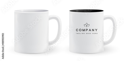Realistic white mug mockup with logo placement. Cup design for branding, corporate identity, promotional merch