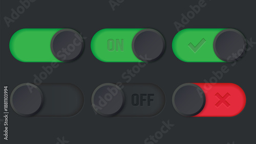 Toggle switch button with ON and OFF state in black UI style for setting, dashboard, control panel and user interface design elements for web and mobile app