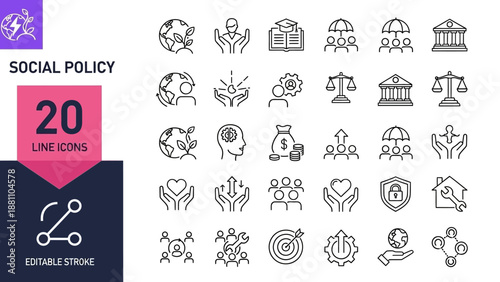 Collection of social policy icons representing various aspects of society and governance in a simple line style