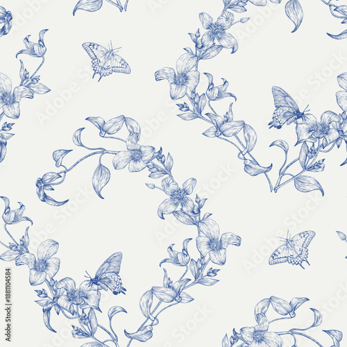 Toile art Floral vector vintage seamless pattern vine Clematis flowers and butterflies, blue beige. Hand drawn background for design packaging, textile, wallpaper, Fashion apparel, wedding, holiday