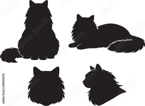Majestic Long-Haired Cat Silhouettes Vector Set: Four Different Poses Including Sitting, Lying Down, Head Profile, and Front View. Ideal for Pet Logos and Decals.