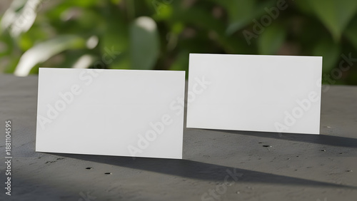 Two white business cards standing upright mockup on gray concrete table with sunlight shadows
