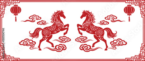Two red ornate horses rearing with traditional Chinese lanterns and cloud motifs, framed by a decorative border, symbolizing cultural celebration.
