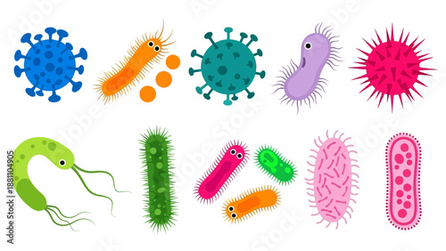 Collection of colorful microorganisms and bacteria in various shapes and sizes