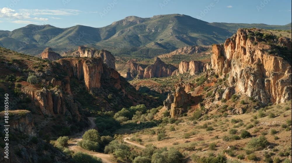 Naklejka premium Stunning view of a valley surrounded by rocky cliffs and green vegetation under bright sunlight.