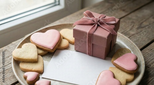 Romantic Valentine’s Day Mockup with Heart Cookies and Gift Box.Hand-Painted Watercolor Hearts Seamless Pattern on White Background.Playful Lips and Kisses Seamless Pattern with Mockups