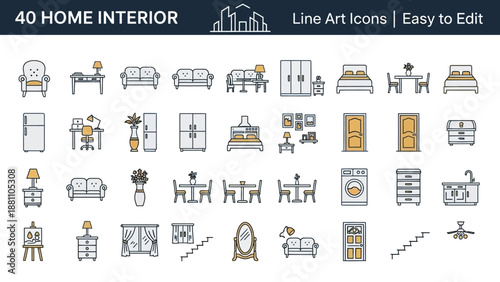 Collection of 40 home interior design elements featuring furniture and decor icons in various line art styles on a clean background