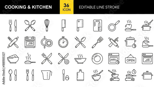Collection of Cooking and Kitchen Icons in Editable Line Stroke Style