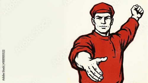 Man in red shirt and cap reaching out, with a raised fist, a retro propaganda poster for socialist themes, with copy space.