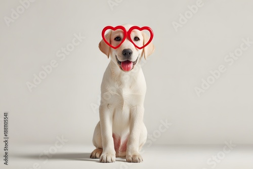 Cute Labrador Puppy Wearing Red Heart Glasses Sitting and Smiling Isolated on White Background, Valentine’s Day Pet Love Concept