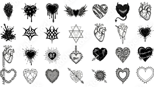 Collection of diverse heart illustrations, including damaged and stylized designs, presented in a grid layout.