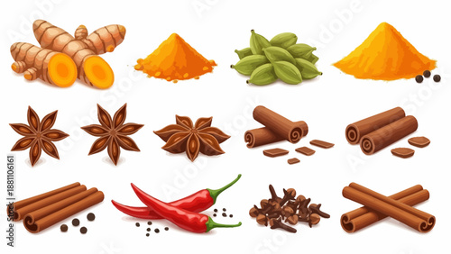 Assorted spices and seasonings arranged neatly on a white surface showcasing various textures and colors of culinary ingredients