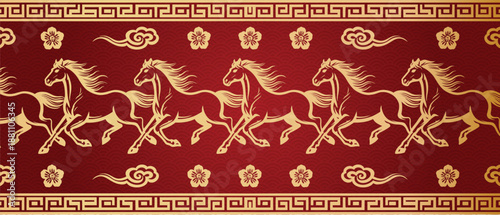 Golden running horses on a vibrant red background with traditional Chinese patterns, clouds, and floral motifs, creating a rich cultural design.