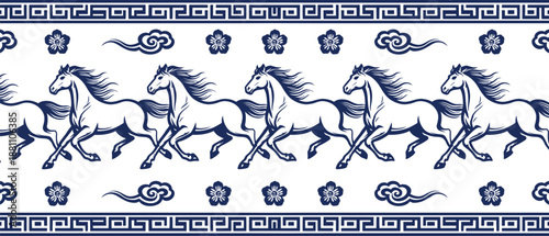 Seamless blue and white border pattern with galloping horses, traditional Chinese clouds, and plum blossoms, framed by a classic geometric meander.