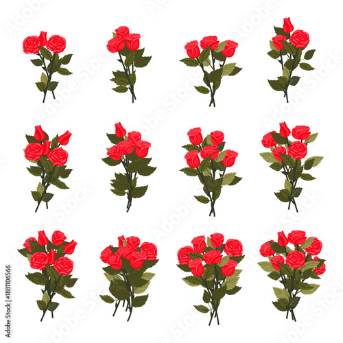 A set of rose bouquets. Openwork illustration isolated on a white background.