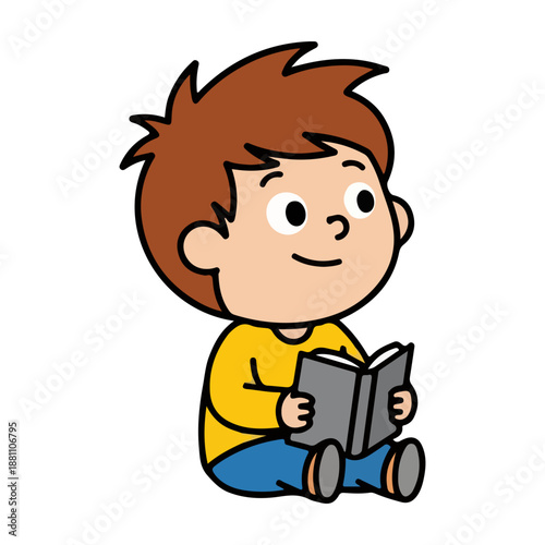 Cute cartoon boy character sitting and reading a book illustration