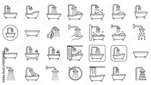 Collection of bathroom icons featuring various bathtubs, showers, and faucets in a simple line art style